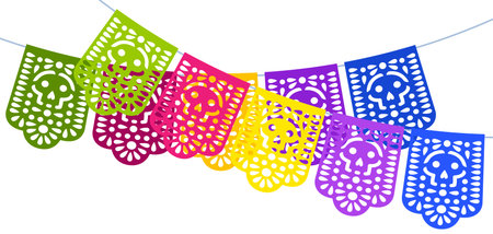 Day of the Dead greeting card with paper flags. Dia de los muertos. Mexican traditional celebration. Holiday background with traditional symbol.のイラスト素材