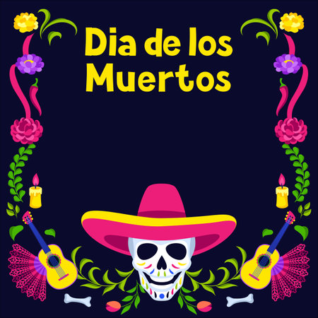 Day of the Dead decorative frame. Dia de los muertos. Mexican celebration.のイラスト素材