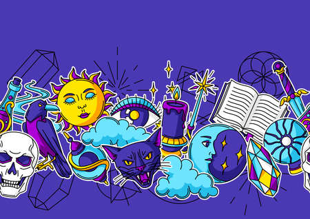 Magic seamless pattern with mystery items. Mystic, alchemy, spirituality symbols. Cartoon magical background.のイラスト素材