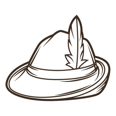 Illustration of hunting hat with feather. Object in engraving hand drawn style. Old decorative element for beer festival or Oktoberfest.のイラスト素材