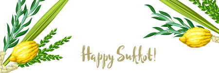 Happy Sukkot greeting card. Holiday background with Jewish festival traditional symbols. Four species etrog, lulav, willow and myrtle branches.のイラスト素材
