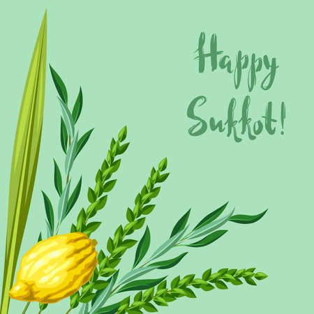 Happy Sukkot greeting card. Holiday background with Jewish festival traditional symbols. Four species etrog, lulav, willow and myrtle branches.のイラスト素材
