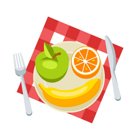 Breakfast illustration. Healthy food fruits on plate. Concept for cafes, restaurants and hotels.のイラスト素材