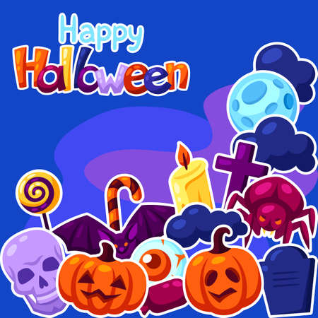 Happy Halloween greeting card with celebration items. Illustration or background for holiday and party.のイラスト素材