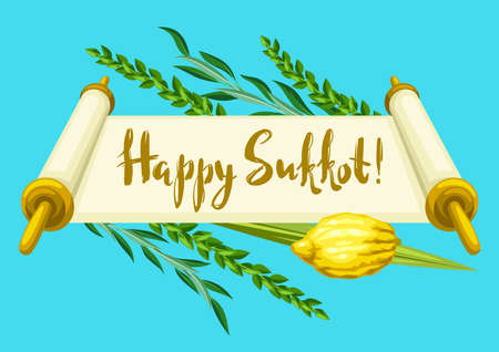 Happy Sukkot greeting card. Holiday background with Jewish festival traditional symbols. Four species etrog, lulav, willow and myrtle branches.のイラスト素材