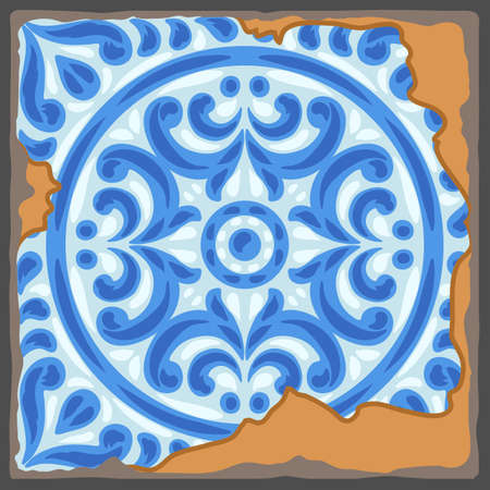 Portuguese azulejo vintage ceramic tile pattern. Old grunge background with chipped enamel tile. Italian pottery or spanish majolica. Mediterranean traditional ornament.のイラスト素材