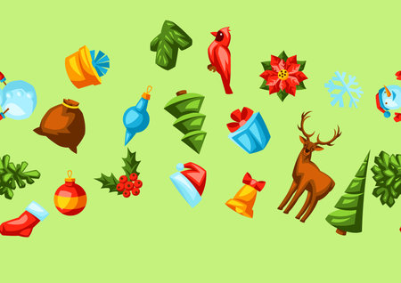 Merry Christmas seamless pattern. Holiday background in cartoon style. Happy celebration.