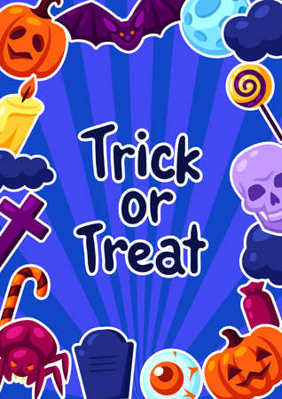 Happy Halloween greeting card with celebration items. Illustration or background for holiday and party.のイラスト素材