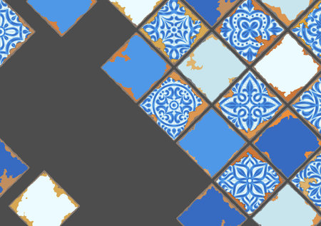 Portuguese azulejo vintage ceramic tile background. Old grunge illustration with chipped enamel...