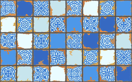 Portuguese azulejo vintage ceramic tile pattern. Old grunge background with chipped enamel tile. Italian pottery or spanish majolica. Mediterranean traditional ornament.のイラスト素材