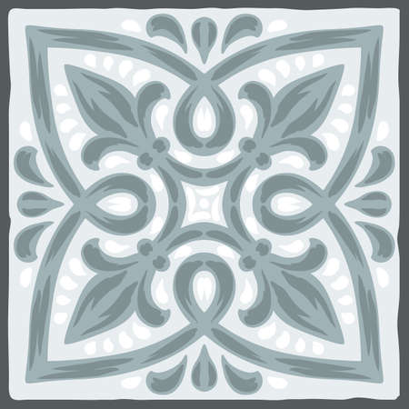 Portuguese azulejo ceramic tile pattern. Mediterranean traditional ornament. Italian pottery or spanish majolica. Baroque damask background with vintage scroll leaves.のイラスト素材