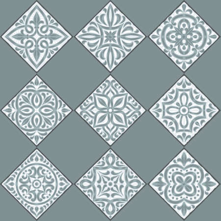 Portuguese azulejo ceramic tile seamless pattern. Mediterranean traditional ornament. Italian pottery or spanish majolica. Baroque damask background with vintage scroll leaves.のイラスト素材