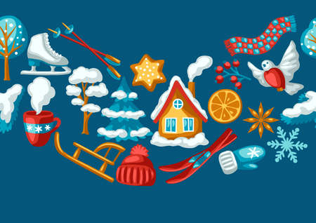 Winter seasonal seamless pattern. Outdoor leisure and cute fun things. Merry Christmas holiday and vacation time.のイラスト素材