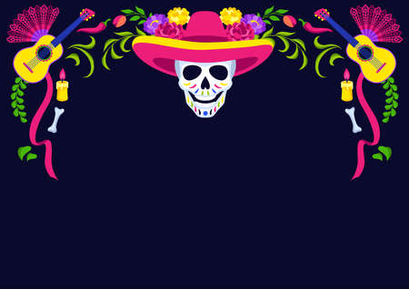 Day of the Dead decorative frame. Dia de los muertos. Mexican celebration. Holiday background with traditional symbols.のイラスト素材