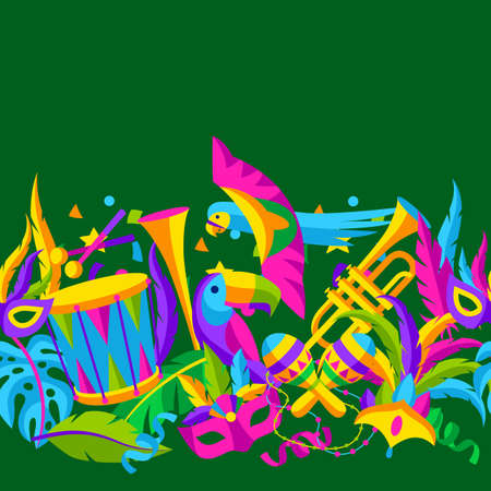 Carnival party seamless pattern with celebration icons, objects and decor. Mardi Gras background for traditional holiday or festival.のイラスト素材