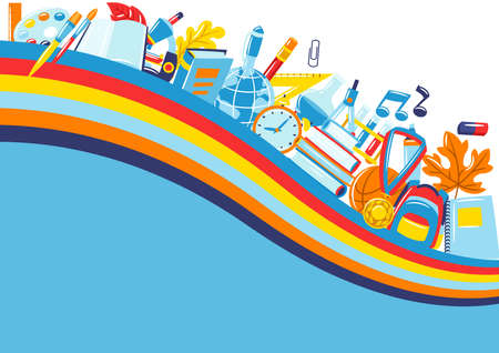 School background with education items. Illustration of colorful supplies and stationery.のイラスト素材