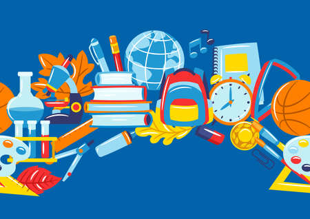 School seamless pattern with education items. Colorful supplies and stationery background.のイラスト素材