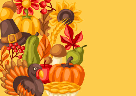Happy Thanksgiving Day background. Design with holiday objects. Celebration traditional symbols.のイラスト素材