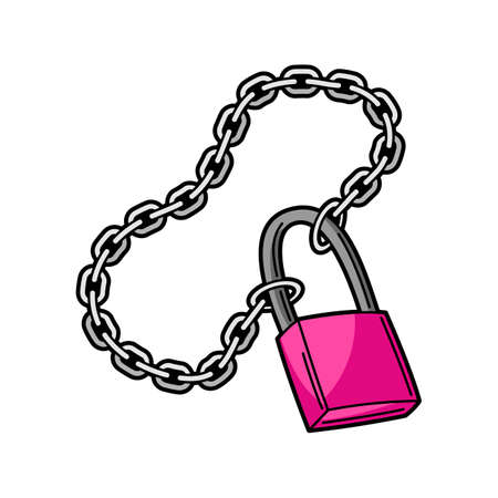 Illustration of chain with lock. Teenage creative image accessory. Youth subculture symbol in cartoon style.のイラスト素材
