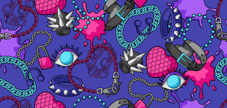 Seamless pattern with youth subculture symbols. Teenage creative illustration. Fashion jewelry and necklaces in cartoon style.のイラスト素材
