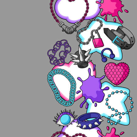Seamless pattern with youth subculture symbols. Teenage creative illustration. Fashion jewelry and necklaces in cartoon style.のイラスト素材