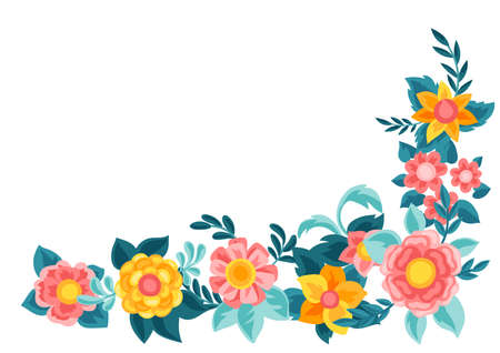 Decorative element with pretty flowers. Beautiful decorative natural plants, buds and leavesのイラスト素材