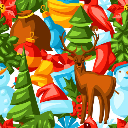 Merry Christmas seamless pattern. Holiday background in cartoon style. Happy celebration.のイラスト素材