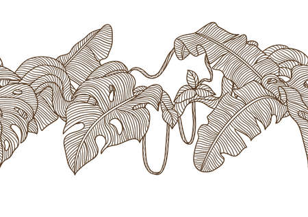 Seamless pattern with palm leaves and twisted wild liana branch. Jungle vines plant. Decorative image of tropical rainforest foliage.のイラスト素材