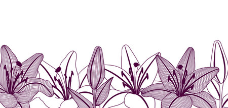 Background with stylized lily flowers. Decorative image of beautiful buds. Linear texture.のイラスト素材