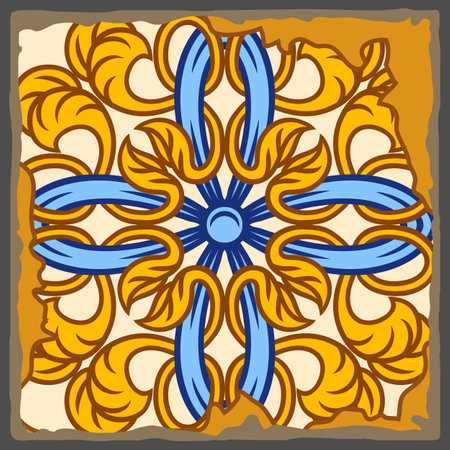 Portuguese azulejo vintage ceramic tile pattern. Old grunge background with chipped enamel tile. Italian pottery or spanish majolica. Mediterranean traditional ornament.のイラスト素材