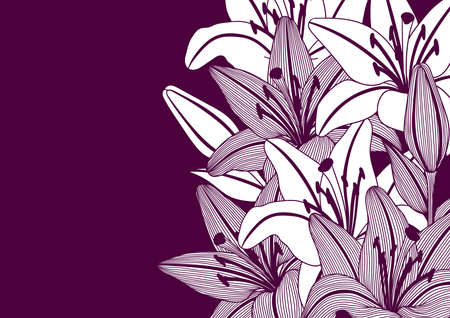 Background with stylized lily flowers. Decorative image of beautiful buds. Linear texture.のイラスト素材