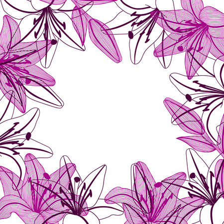 Background with stylized lily flowers. Decorative image of beautiful buds. Linear texture.のイラスト素材