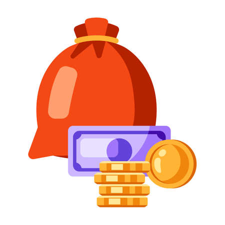 Illustration of a bag of money, banknotes and coins. Icon for gambling or online games.のイラスト素材