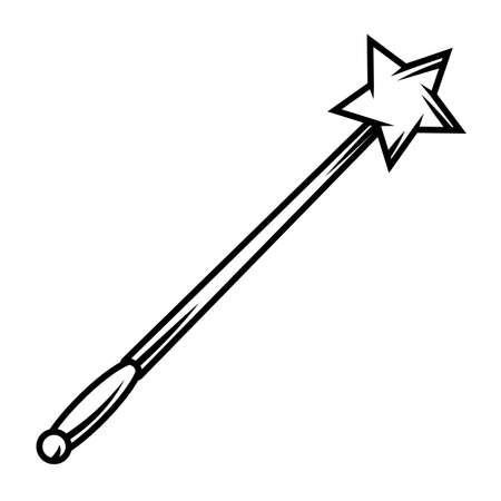 Magician wand with star. Trick or magic illustration. Black and white stylized picture.のイラスト素材