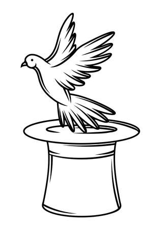 Magician cylinder from which pigeon fly out. Trick or magic illustration. Black and white stylized picture.のイラスト素材
