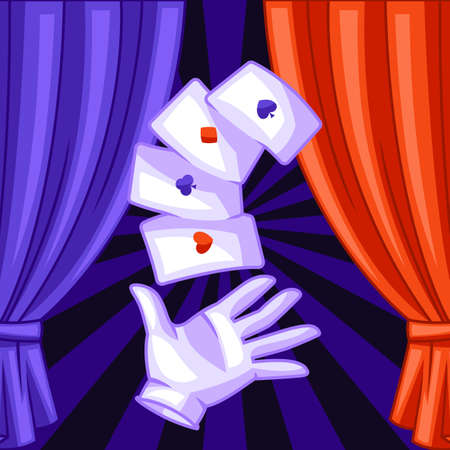 Magician background with magic items. Illusionist show or performance banner. Cartoon style illustration of tricks and sorcery.のイラスト素材