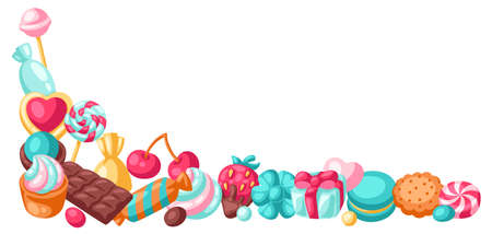 Frame with colorful various candies and sweets. Confectionery or bakery stylized illustration.のイラスト素材