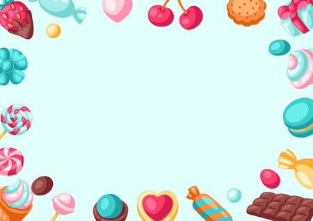 Frame with colorful various candies and sweets. Confectionery or bakery stylized illustration.のイラスト素材