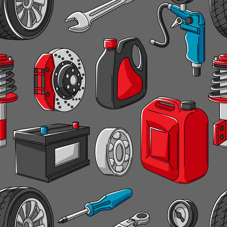 Car service seamless pattern. Auto center repair background for advertising with transport items. Business design.のイラスト素材