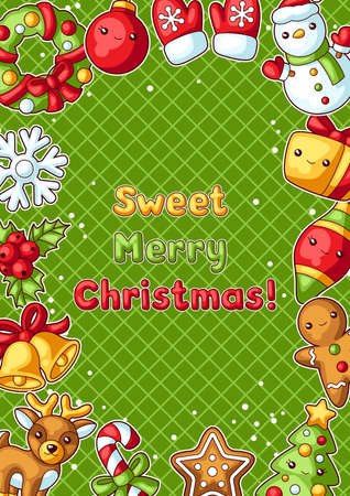 Sweet Merry Christmas decorative frame. Cute characters and symbols. Holiday background in cartoon style. Happy lovely celebration.のイラスト素材