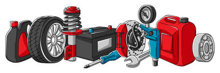 Car service illustration. Auto center repair concept for advertising with transport items. Business design.のイラスト素材