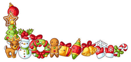 Sweet Merry Christmas decorative element. Cute characters and symbols. Holiday background in cartoon style. Happy lovely celebration.のイラスト素材
