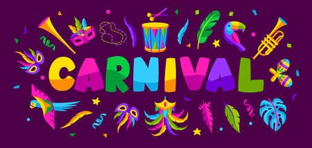 Carnival party background with celebration icons, objects and decor. Mardi Gras illustration for traditional holiday.のイラスト素材