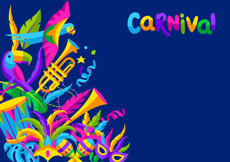 Carnival party background with celebration icons, objects and decor. Mardi Gras illustration for traditional holiday.のイラスト素材