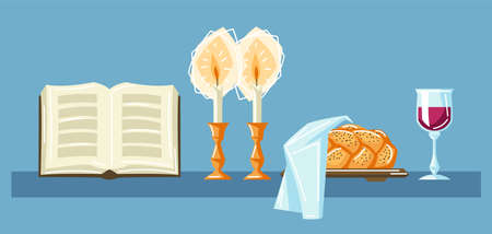Shabbat Shalom background with religious objects. Background with Jewish symbols. Judaism concept illustration.のイラスト素材
