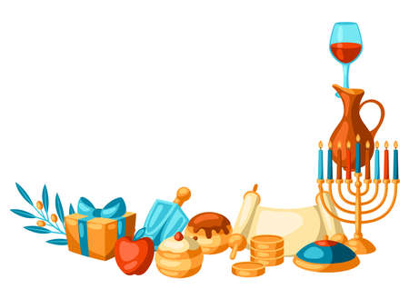 Happy Hanukkah decorative element with religious symbols. Illustration with holiday objects.のイラスト素材