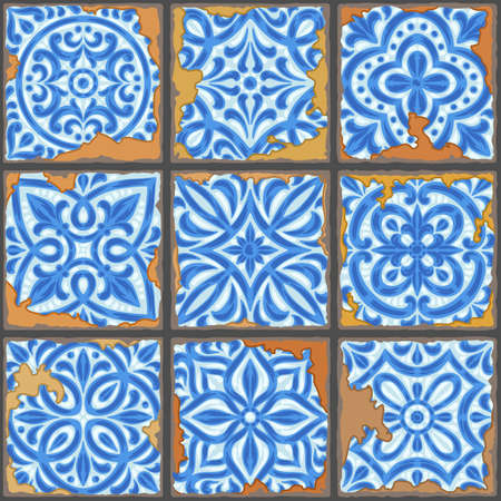 Portuguese azulejo vintage ceramic tile seamless pattern. Old grunge background with chipped enamel tile. Italian pottery or spanish majolica.のイラスト素材