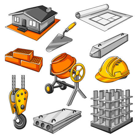 Icon set of housing construction items. Industrial repair or building symbols.のイラスト素材