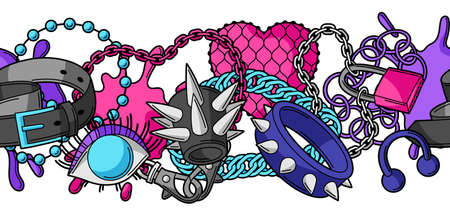 Seamless pattern with youth subculture symbols. Teenage creative illustration. Fashion necklaces in cartoon style.のイラスト素材
