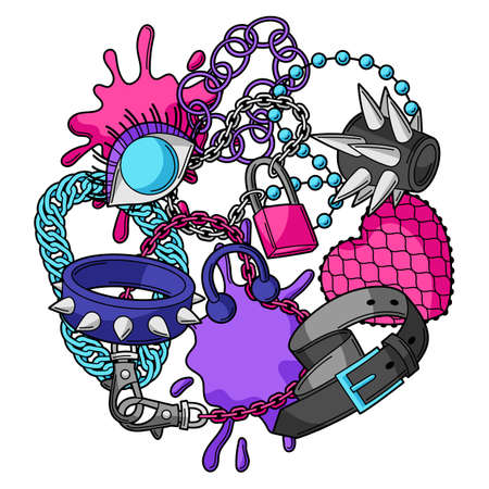 Background with youth subculture symbols. Teenage creative illustration. Fashion necklaces in cartoon style.のイラスト素材